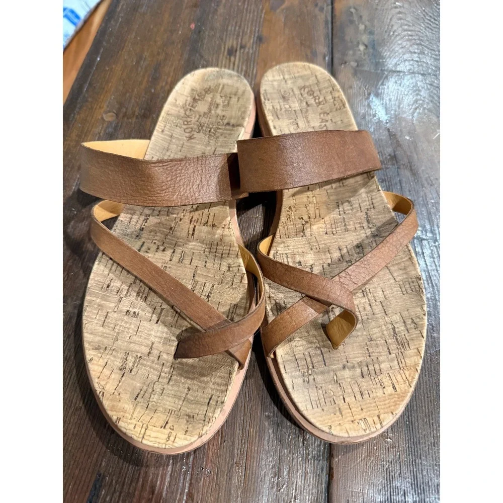 Kork-Ease Myrna Tan Brown Leather Toe Loop Cork Flat Sandals Womens Size 9M